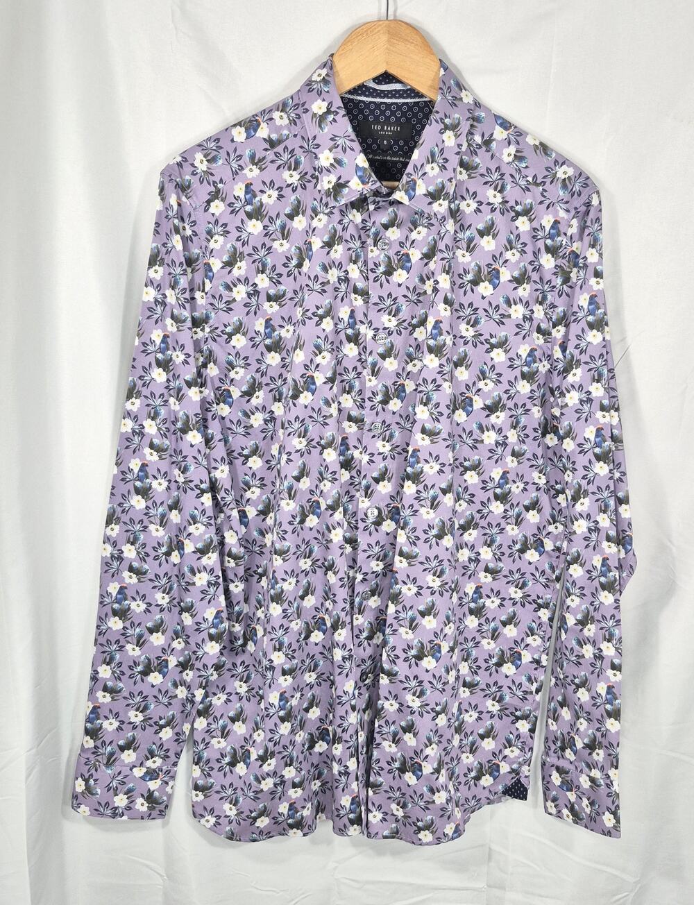 Ted Baker Mens Floral Bird Print Button Down Shirt Size 5 XL Lilac Purple Stretc